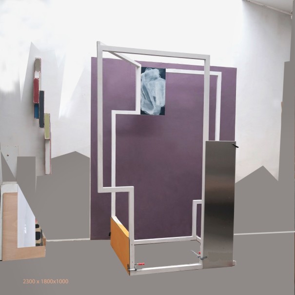 PV 2024 (en montage à l'atelier) - bois, aluminium, acrylique - 230 x 180 x 100 cm © photo : Virginia Torres